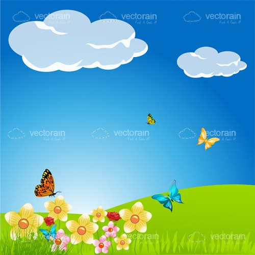 Natural Scene with Flowers and Butterflies